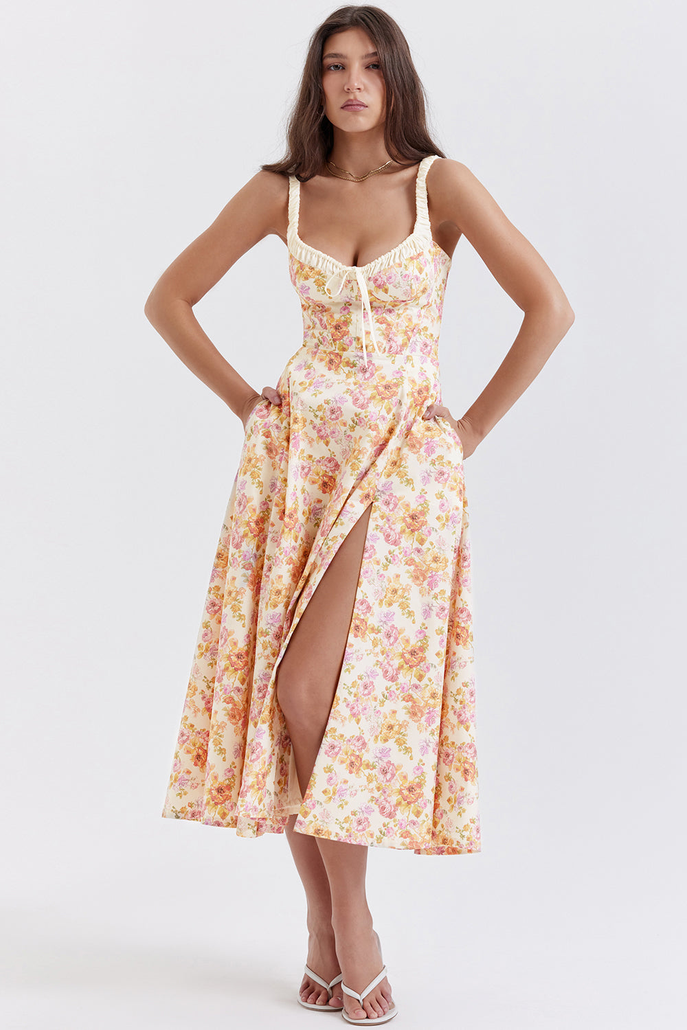 SABRINA IVORY PRINT BUSTIER SUNDRESS MIDI DRESS - Pink