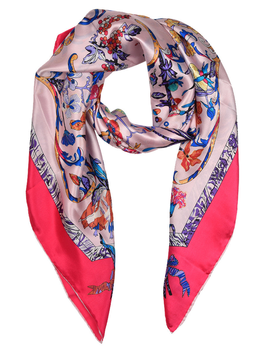 Red silk scarf with multicolor floral design – ShoppingChalo