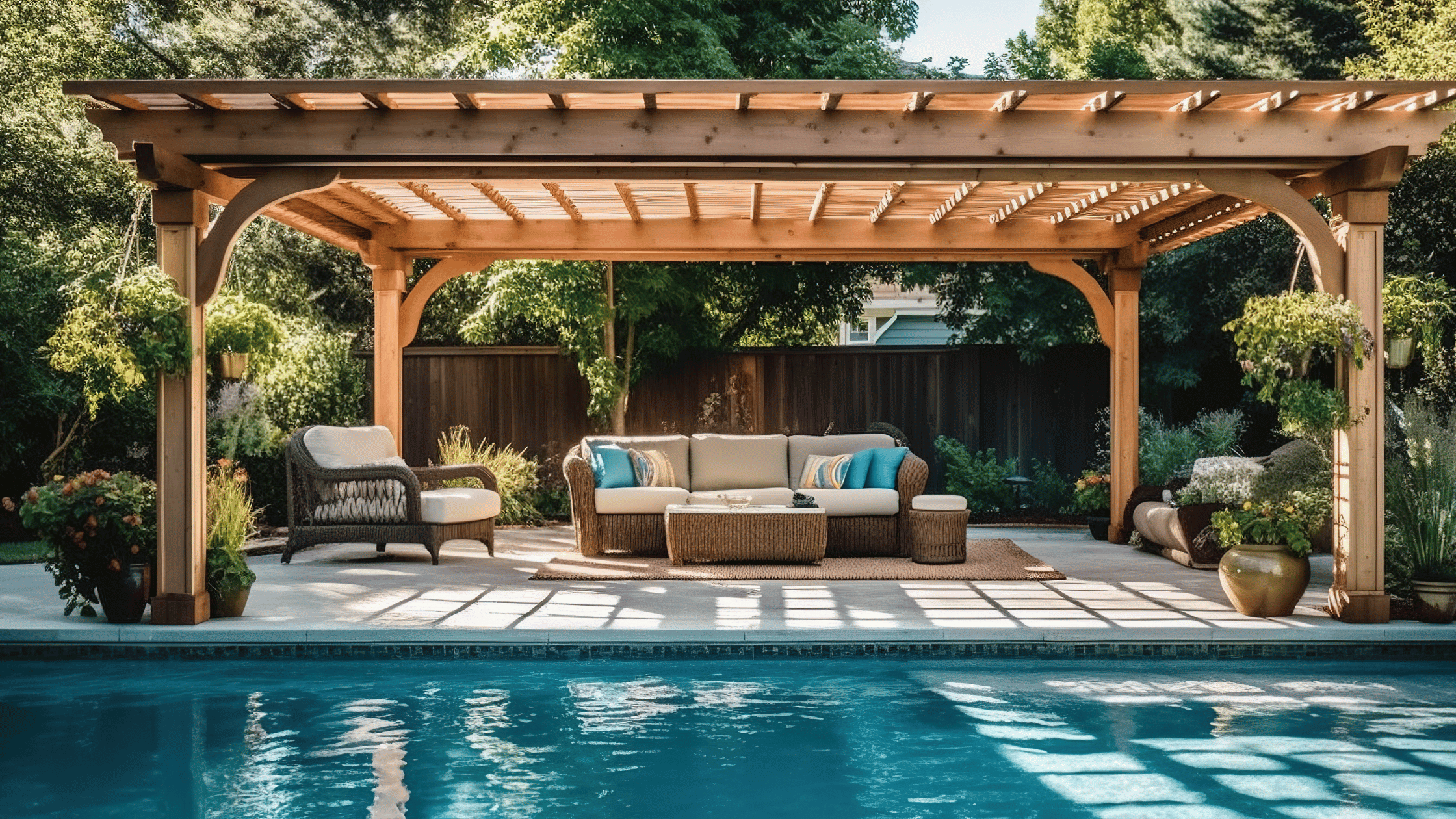 a serene poolside landscape