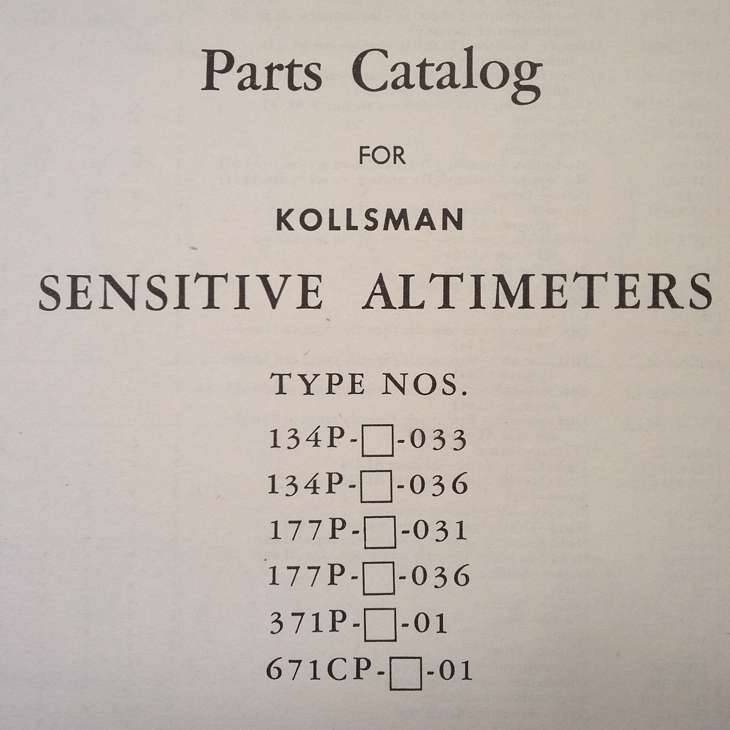 Kollsman Parts Catalog for Sensitive Altimeters.