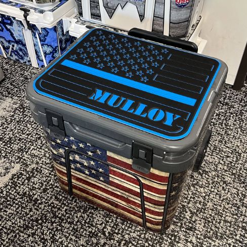 YETI 24 Roadie Custom Vinyl Wrap Old Glory SeaDek Cooler Pad Topper Blue Line Custom Design by USATuff