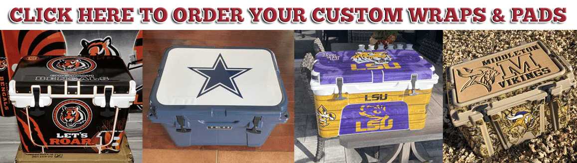 Tailgate Collection Collage of USATuff Custom Cooler Wraps and Pads.
