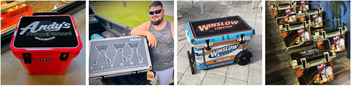 USATuff custom cooler services featuring SeaDek cooler pads and vinyl wraps for personalized YETI and RTIC coolers