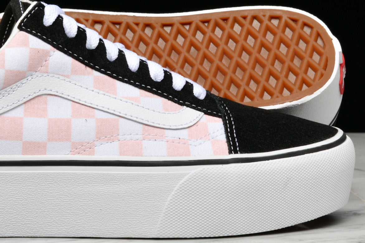 vans old skool black pink & white checkered platform skate shoes