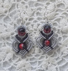 Sweetheart Red and Gray Feather Light Macrame Earrings