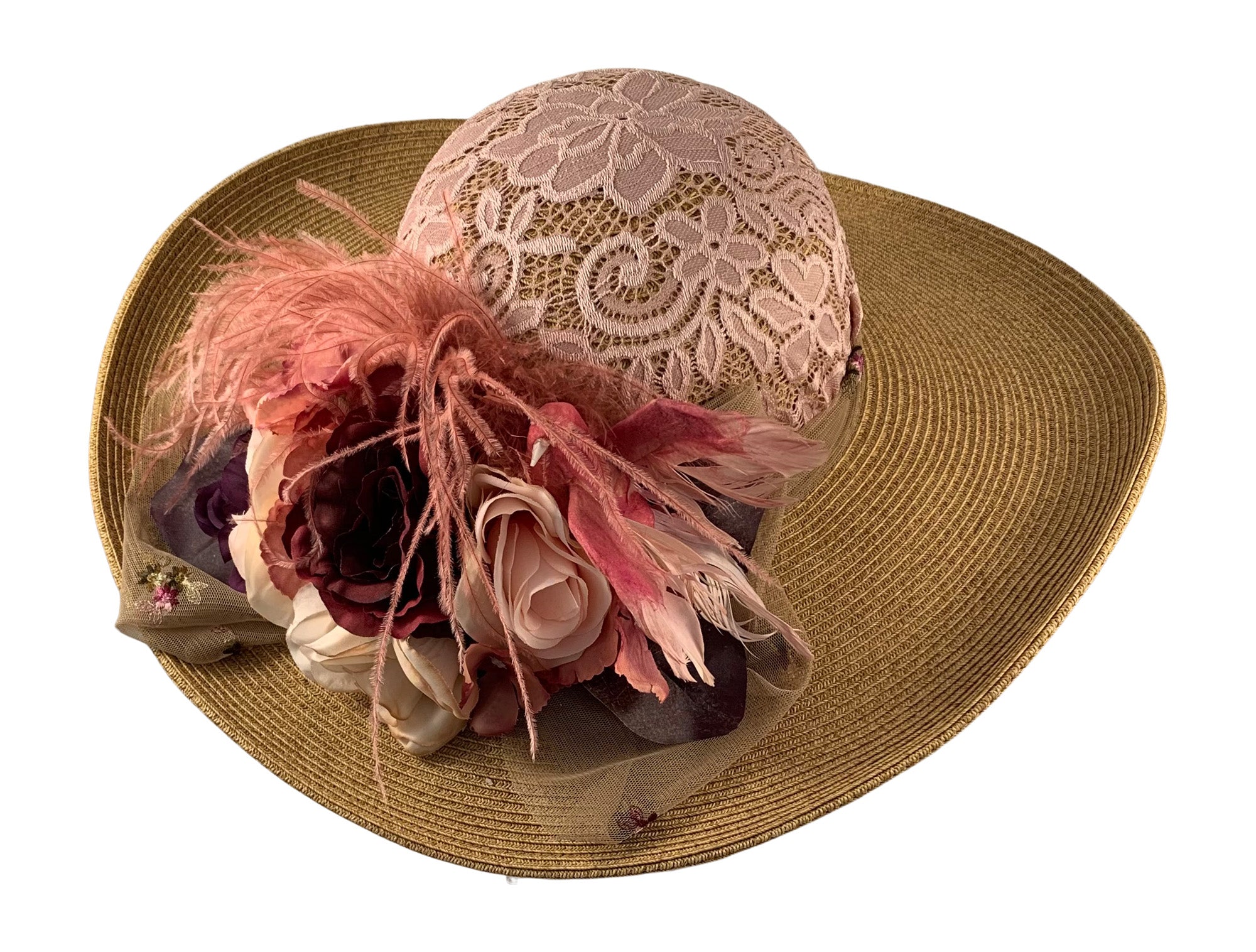 Antique 5鈥 Large Brim Edwardian Hat W/Mauve #1455