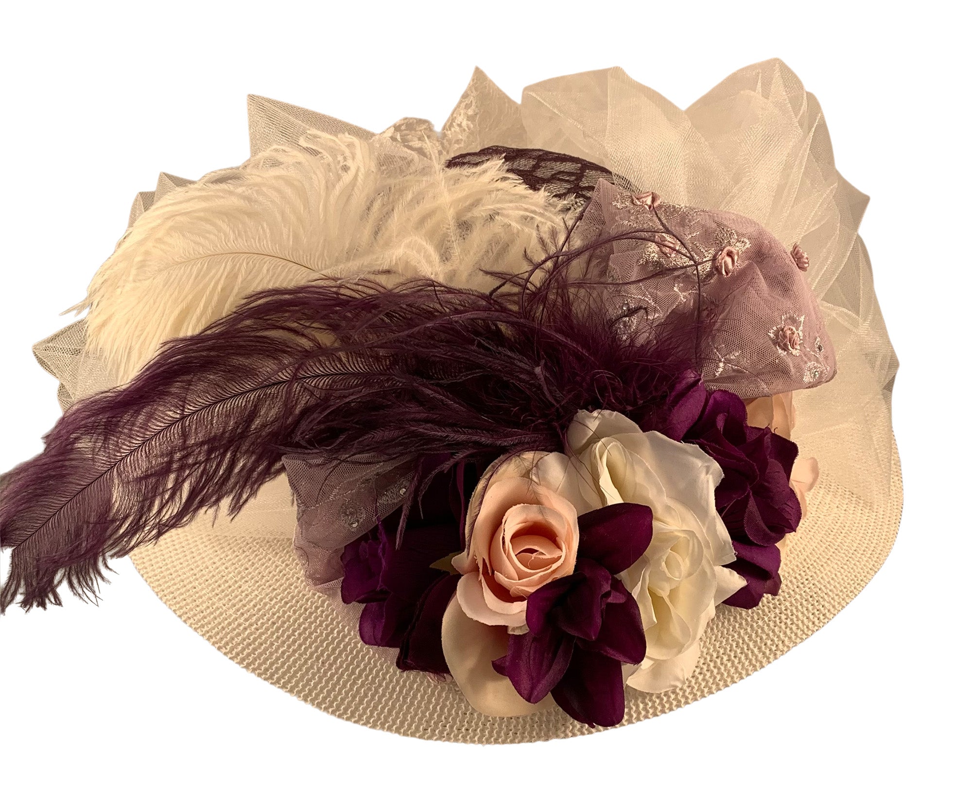 Ivory 5鈥 Large Brim Edwardian Hat W/Tulle And Plum Flowers #4490