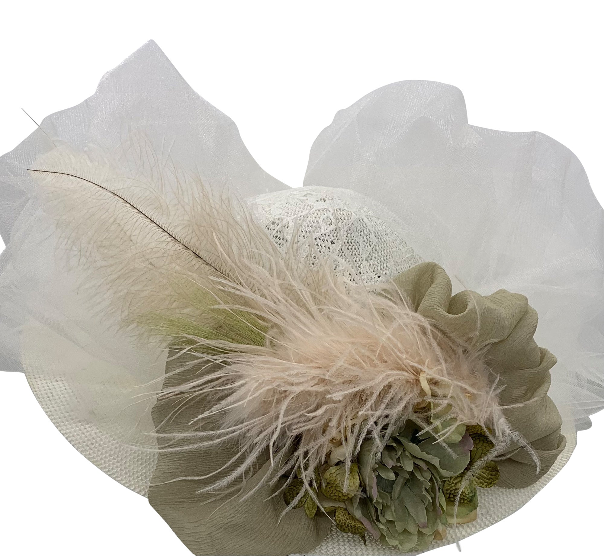 Ivory 5鈥 Large Brim Edwardian Hat W/Tulle Seafoam Flowers #4493