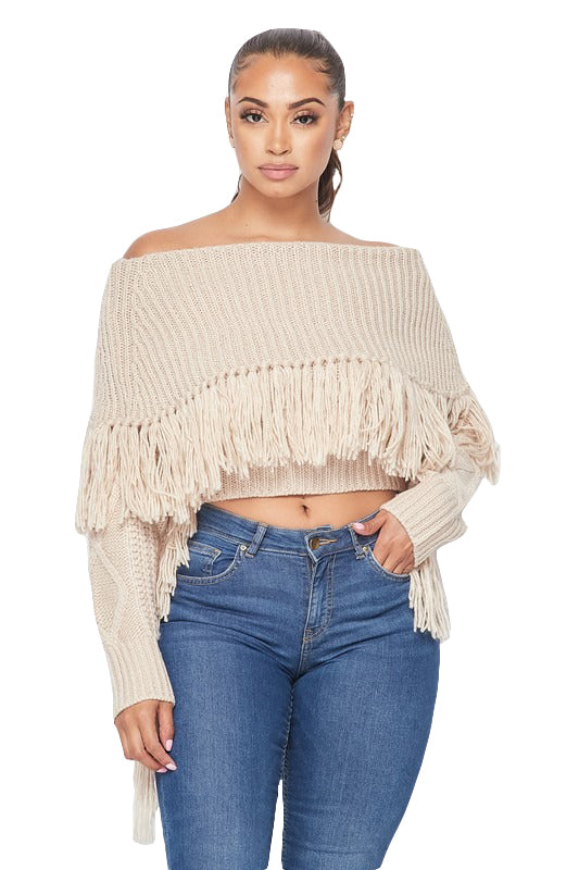 Multi Color Off the Shoulder Fringe Long Sleeve Sweater The