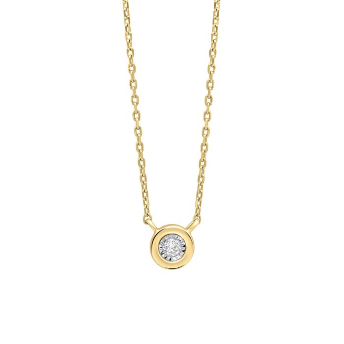 Rounded Bezel Diamond Necklace in 9ct Gold gn406 on a white background, featuring a classic round bezel-set diamond in polished 9ct gold, perfect for adding timeless elegance and sophistication to any jewelry collection.