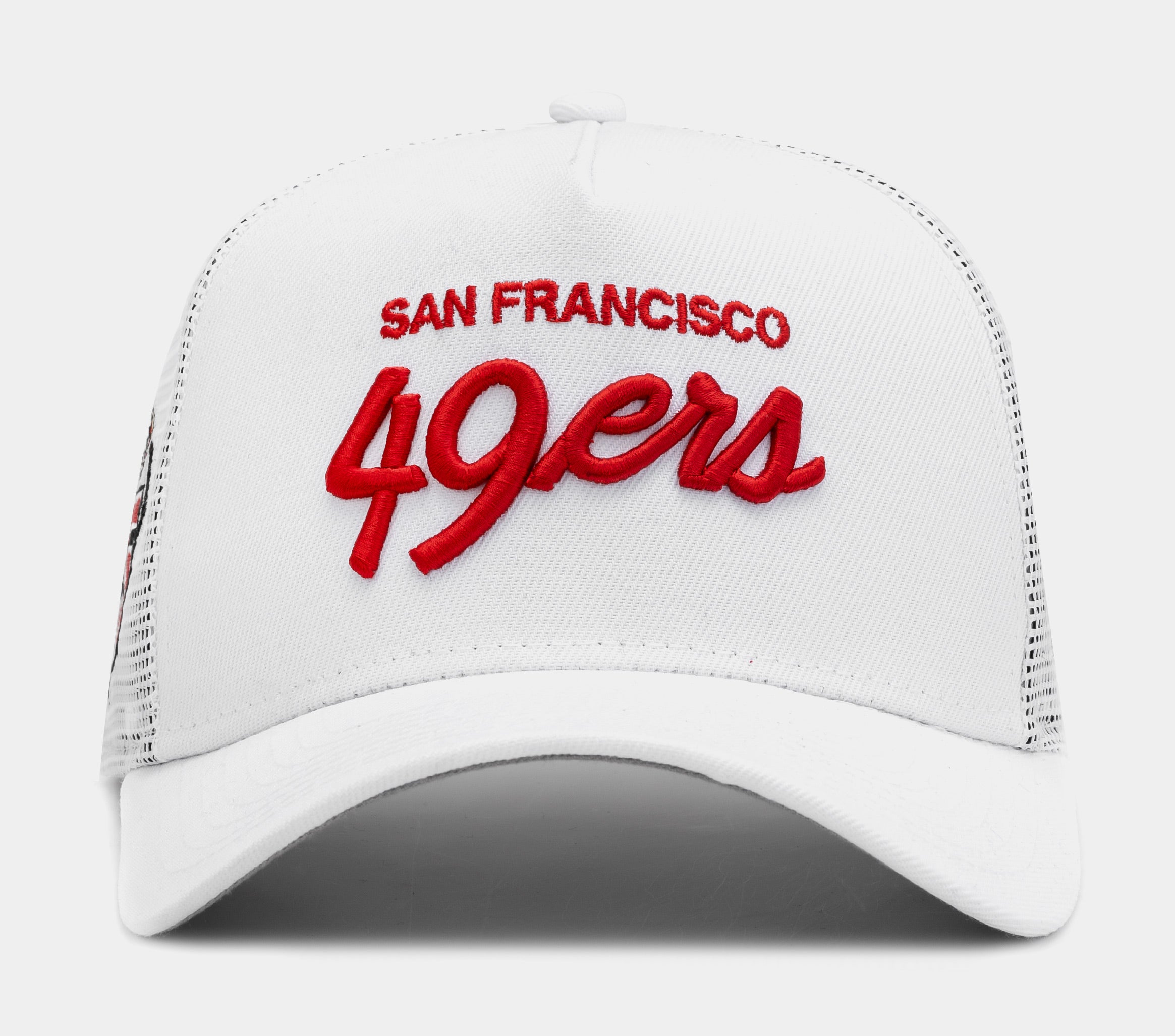 New Era Shoe Palace Exclusive San Francisco 49ers Script 9FORTY Trucker Mens Hat (White/Red)