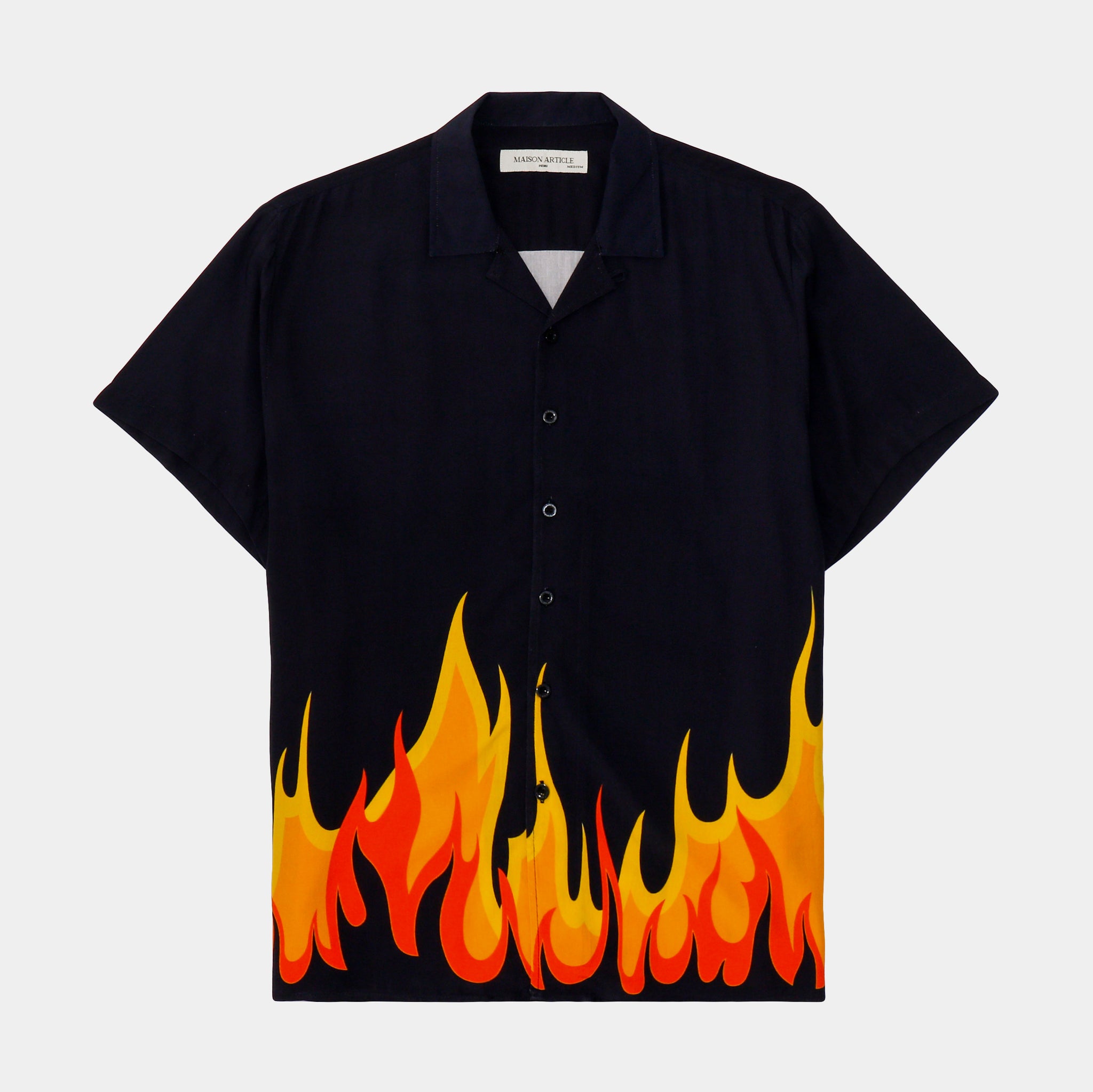 Maison Flames Woven Rayon Button Up Mens Black MAWS14 Shoe Palace