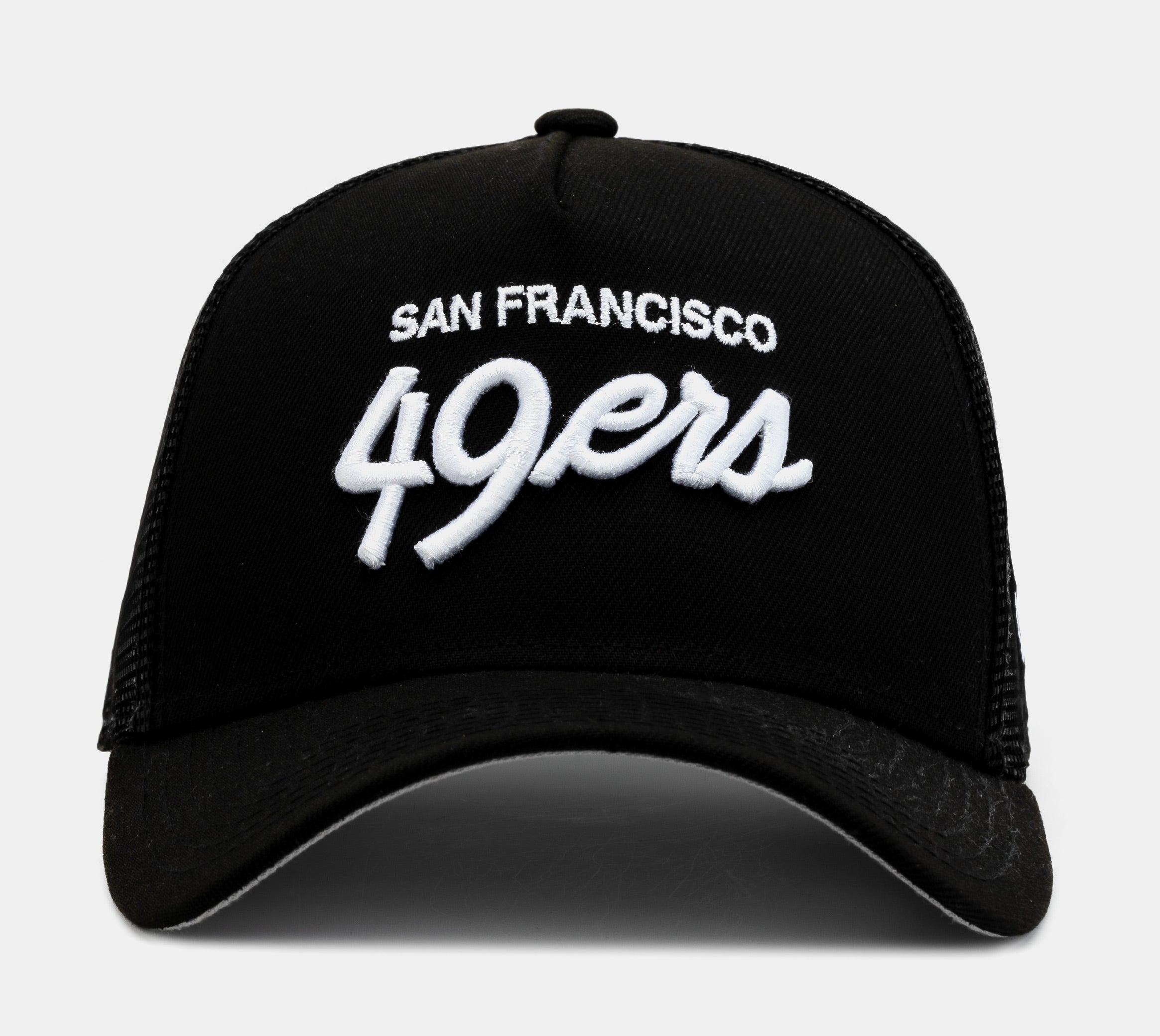 New Era Shoe Palace Exclusive San Francisco 49ers Script 9FORTY Trucker Mens Hat (Black)