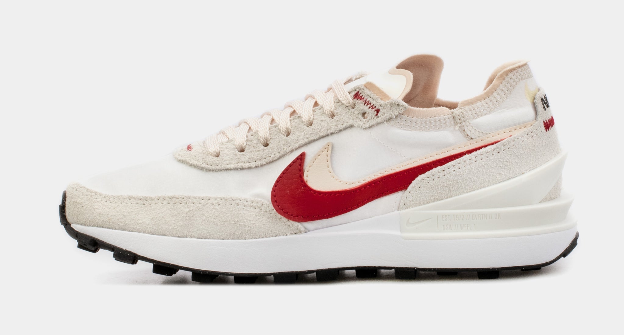 white nike sneakers with red swoosh