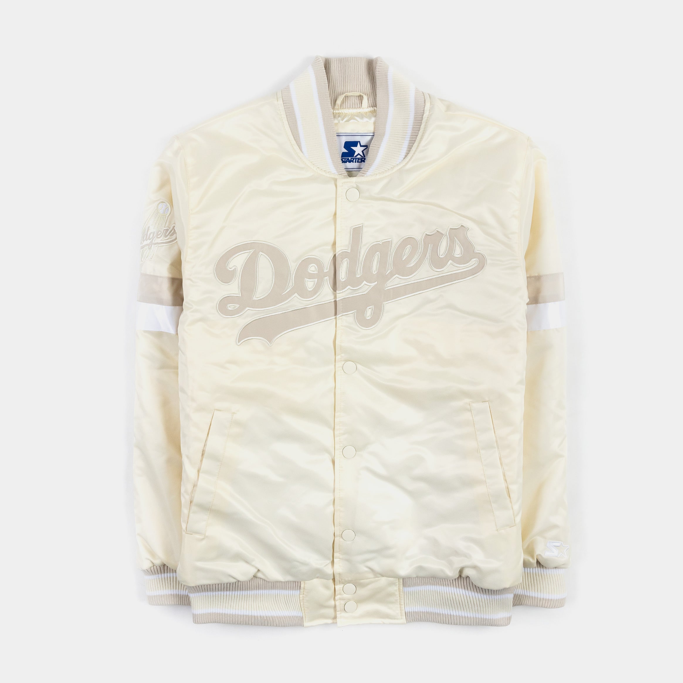 GIII/STARTER Los Angeles Dodgers Home Game Pearl Satin Varsity Mens Jacket (Pearl)