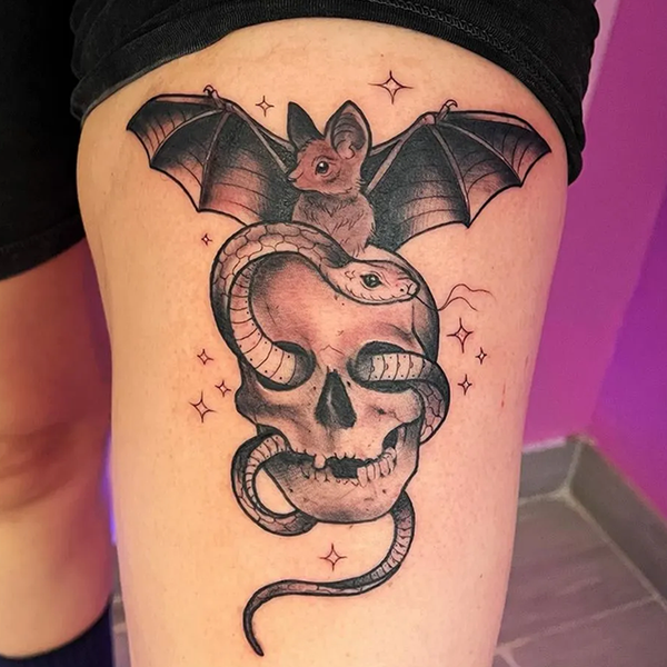 Skull, Snake, and Bat Halloween Tattoo