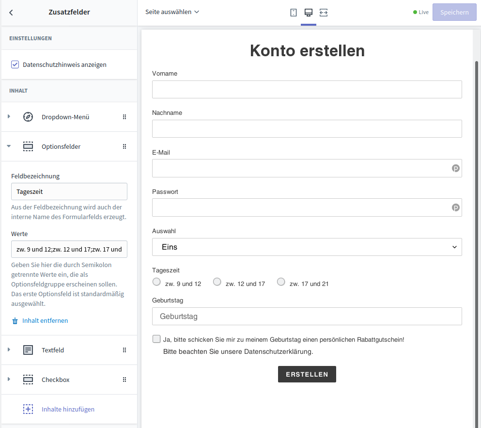 Zusatzfelder Kundenkonto-Registrierung