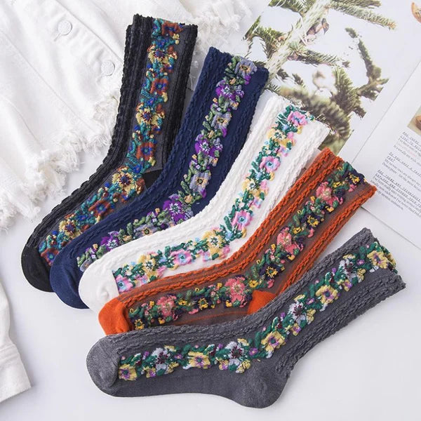 8 Pairs Sheer Socks For Women, Vintage Embroidered Floral Socks