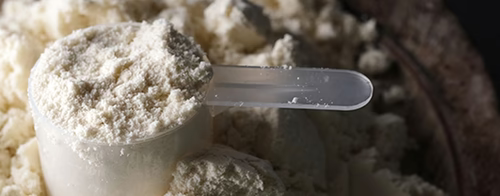A scoop of protein powder on a pile of white powder.