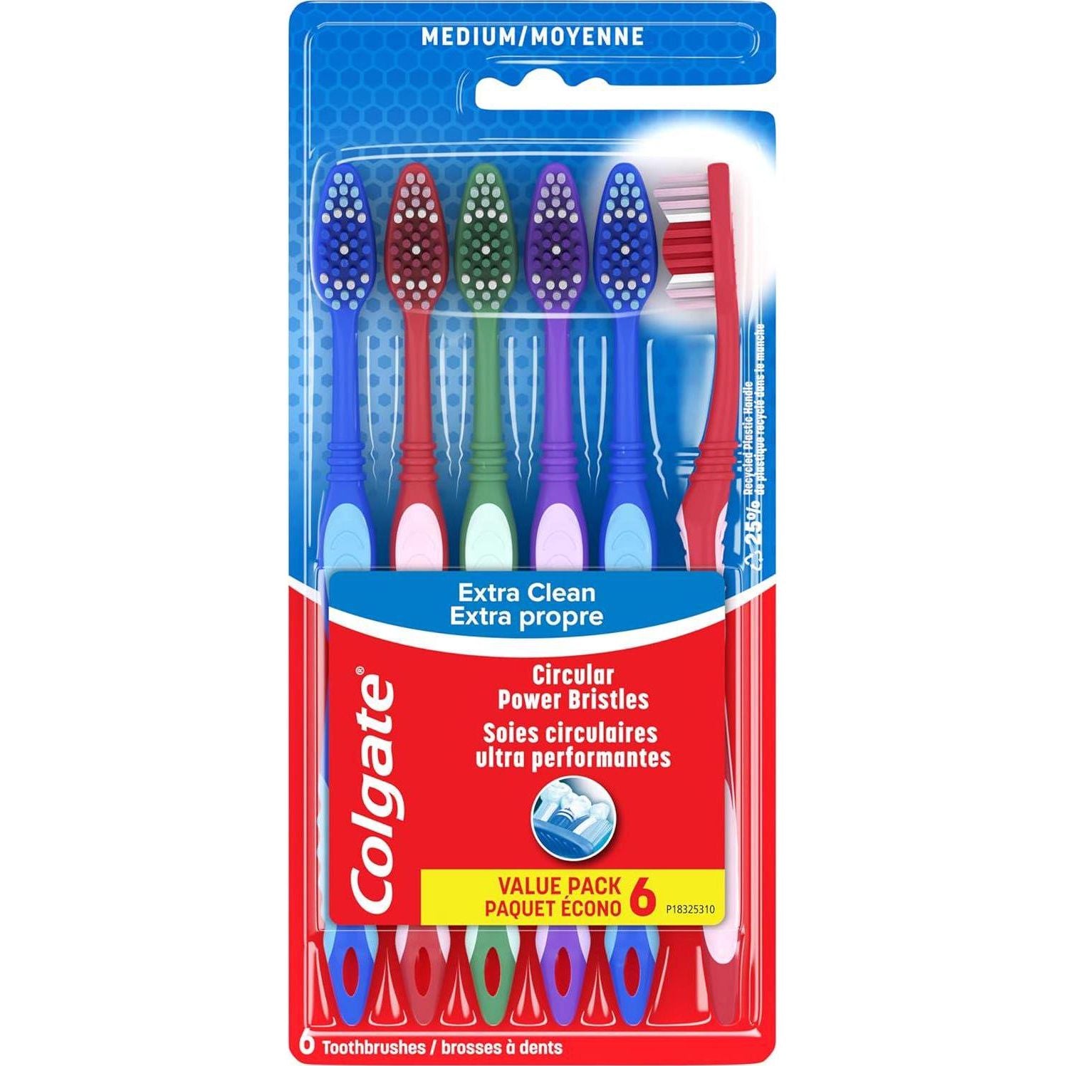Colgate Extra Clean Toothbrush, Medium Bristles, Bulk Pack of 6, Ergonomic Handle & Circular Bristles for Surface Stain Removal