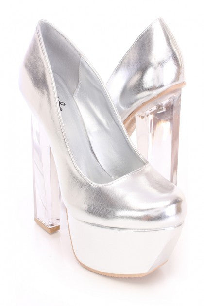 silver thick heel shoes