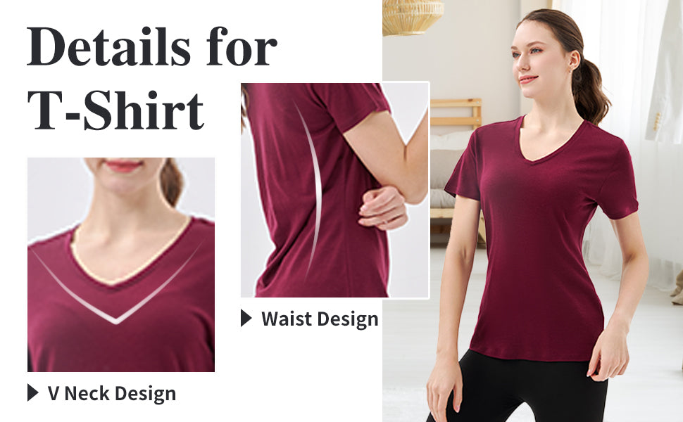 100% Merino Wool V Neck T-Shirt for Women dark red