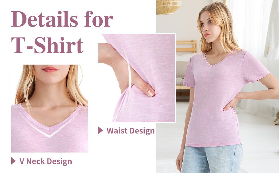 100% Merino Wool V Neck T-Shirt for Women pink heather