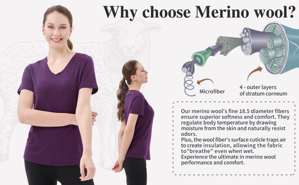 Australian 100% Merino Wool V Neck T-Shirt for Women dark purple