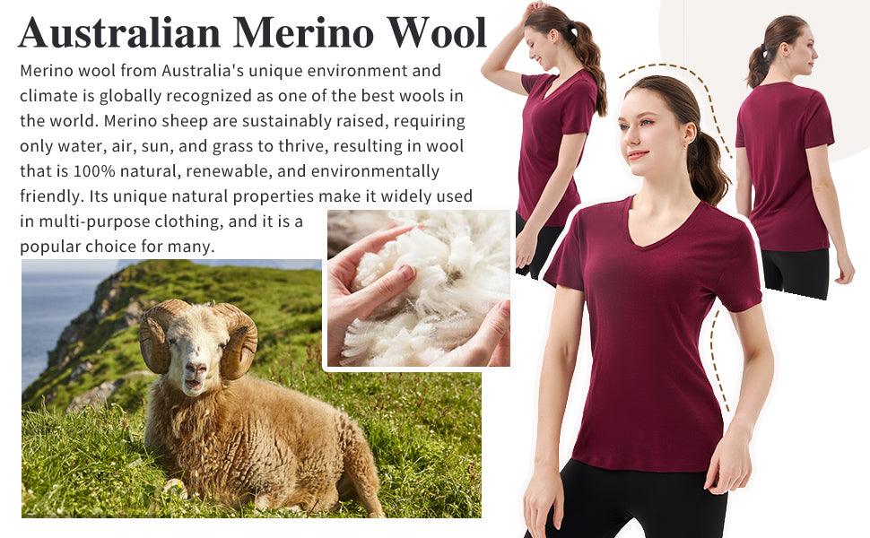 Australian 100% Merino Wool V Neck T-Shirt for Women dark red