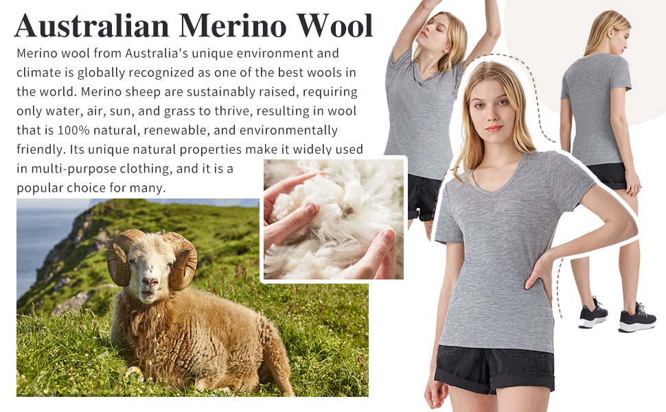 Australian 100% Merino Wool V Neck T-Shirt for Women ebony heather
