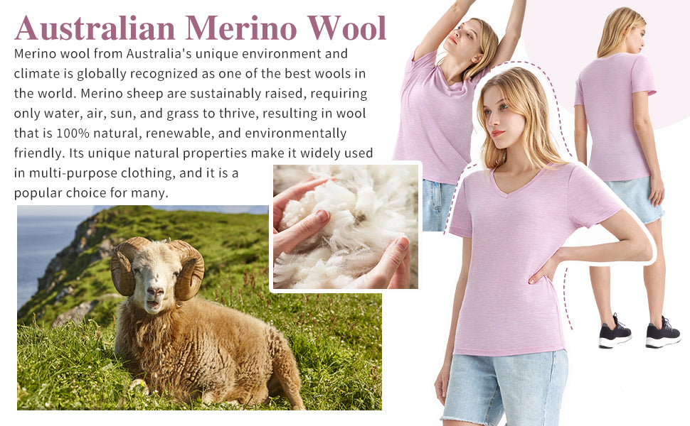 Australian 100% Merino Wool V Neck T-Shirt for Women pink heather