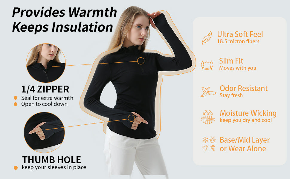 Merino Protect 100% Merino Wool 14 Zip Pullover for Women Long Sleeve Base Layer 250g Slim Fit Sweater Shirts