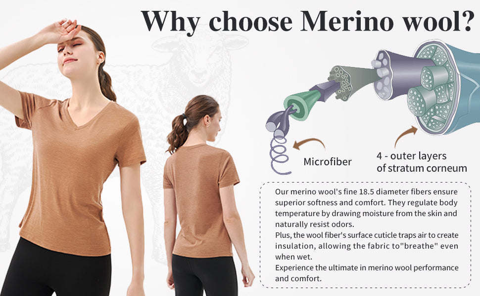 Merino Protect 100% Merino Wool V Neck T-Shirt for Women caramel