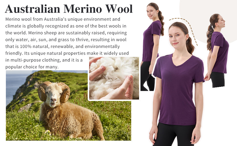 Merino Protect 100% Merino Wool V Neck T-Shirt for Women dark purple