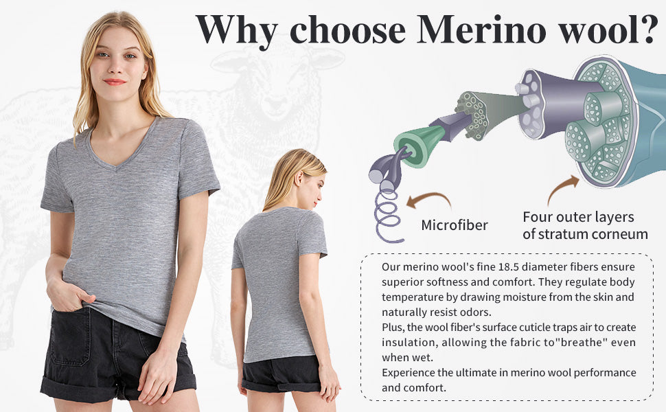 Merino Protect 100% Merino Wool V Neck T-Shirt for Women ebony heather