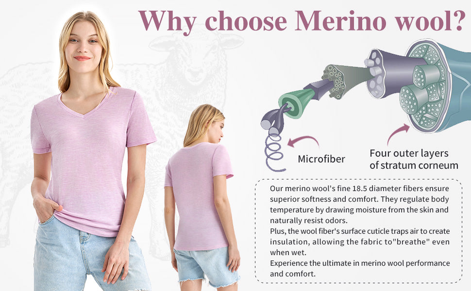 Merino Protect 100% Merino Wool V Neck T-Shirt for Women pink heather