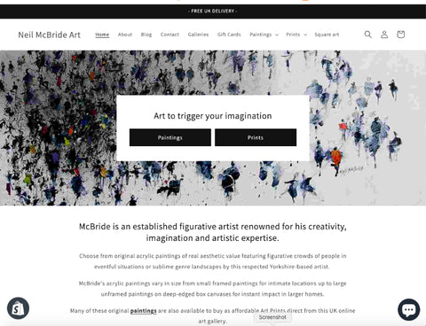Screenshot of newly designed Homepage of Neil McBride Art website.