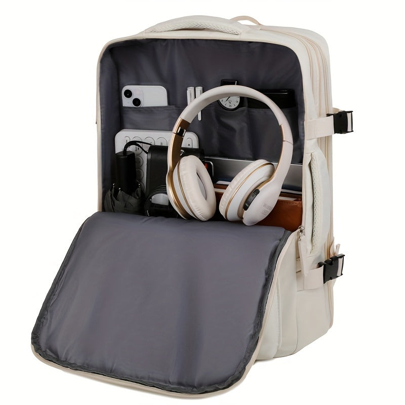 Mochila de viagem expansível com 45x30 cm, três compartimentos, porta USB e design versátil. Ideal para laptops de 16'' e viagens práticas e confortáveis.
