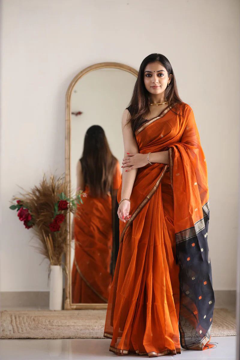 Marvellous Orange Cotton Silk Saree With Enticing Blouse Piece