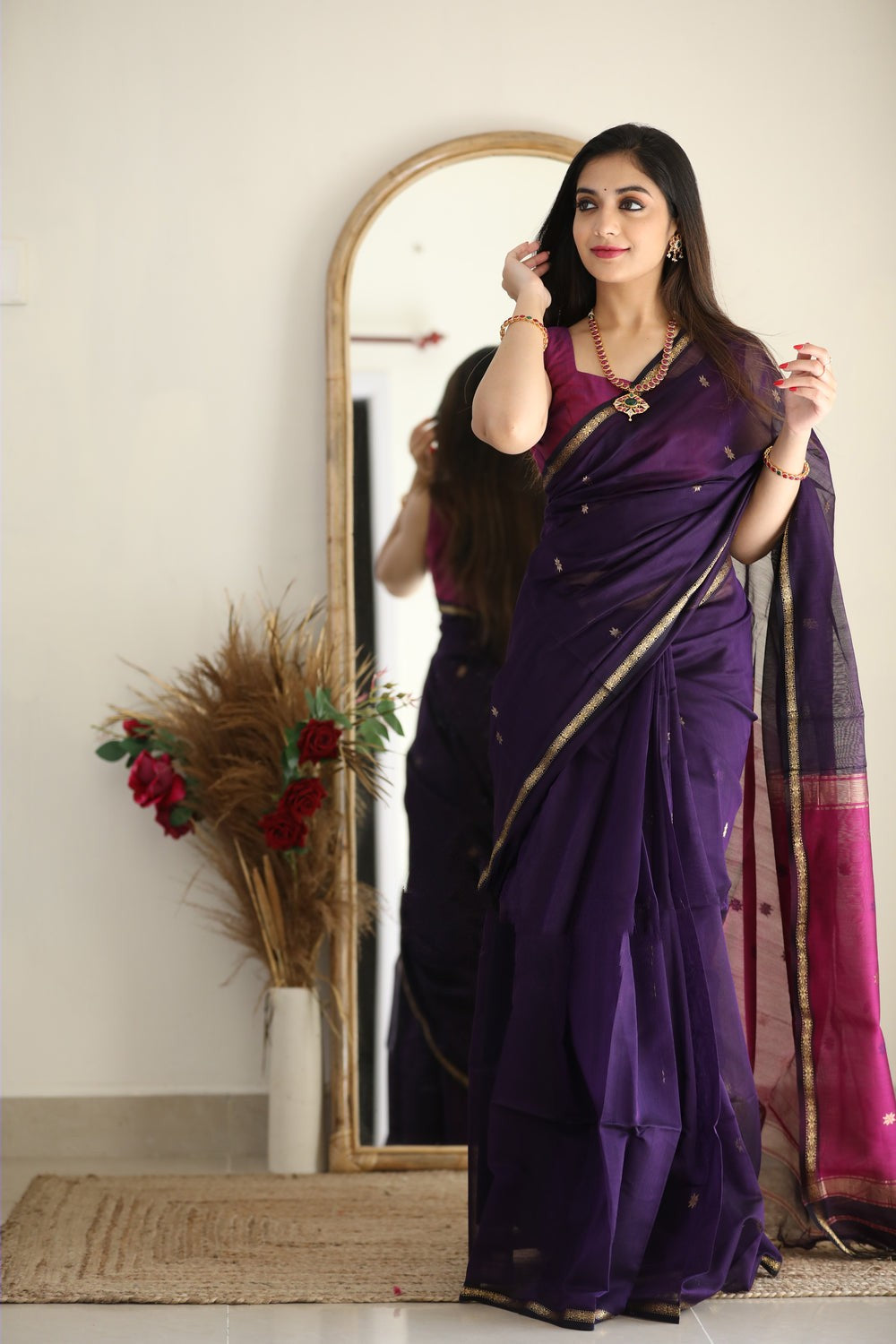 Breathtaking Purple Cotton Silk Saree With Bucolic Blouse Piece