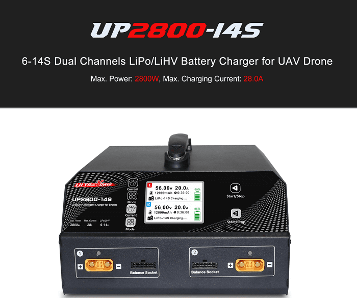 UltraPower UP2800-14S 2X1400W 28A 6-14S LiPo/LiHV Battery UAV Drone Charger