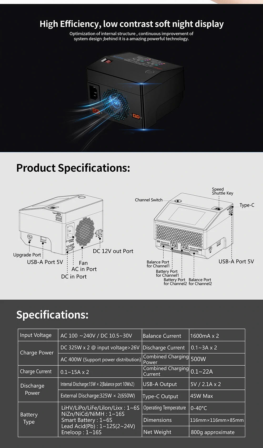 HOTA S6 AC400W DC650W 15A Dual Channel Smart Battery Charger