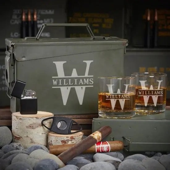 30 cal ammo box cigar starter kit with whiskey glasses