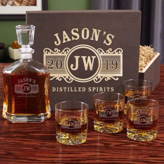 Personalized Whiskey Decanter and Glasses Box Set