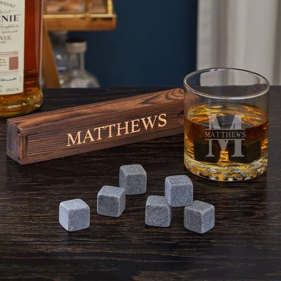 Engraved Whiskey Stones and Old Fashioned Glass