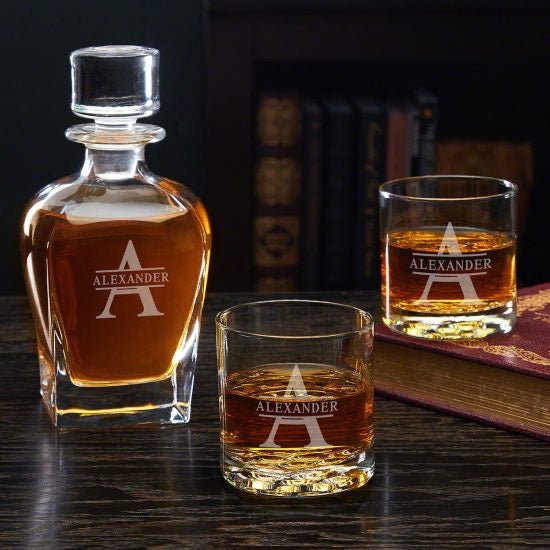 Three Piece Engraved Whiskey Decanter Set