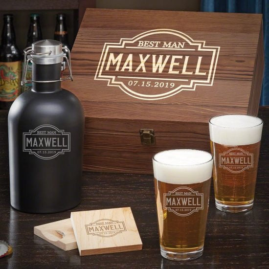 Personalized Beer Growler Box Set with Pint Glasses