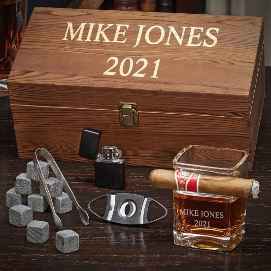 Personalized Whiskey and Cigar Gift Set