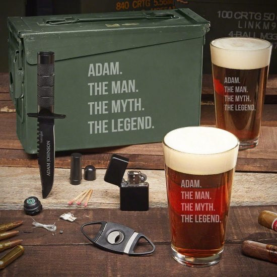 Manly Engraved Pint Glass Ammo Box Set with Cigar Accessories