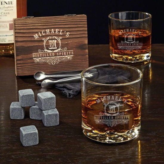 Custom Whiskey Glass Set with Whiskey Stone Box